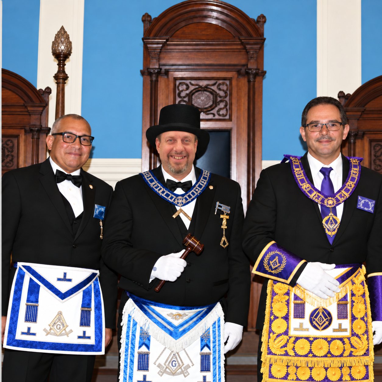 Ricardo Viera, Christopher N. Kelley, and J. Roberto Rodriguez in Masonic regalia before the Master’s station at Moses Michael Hays Lodge, Newtonville